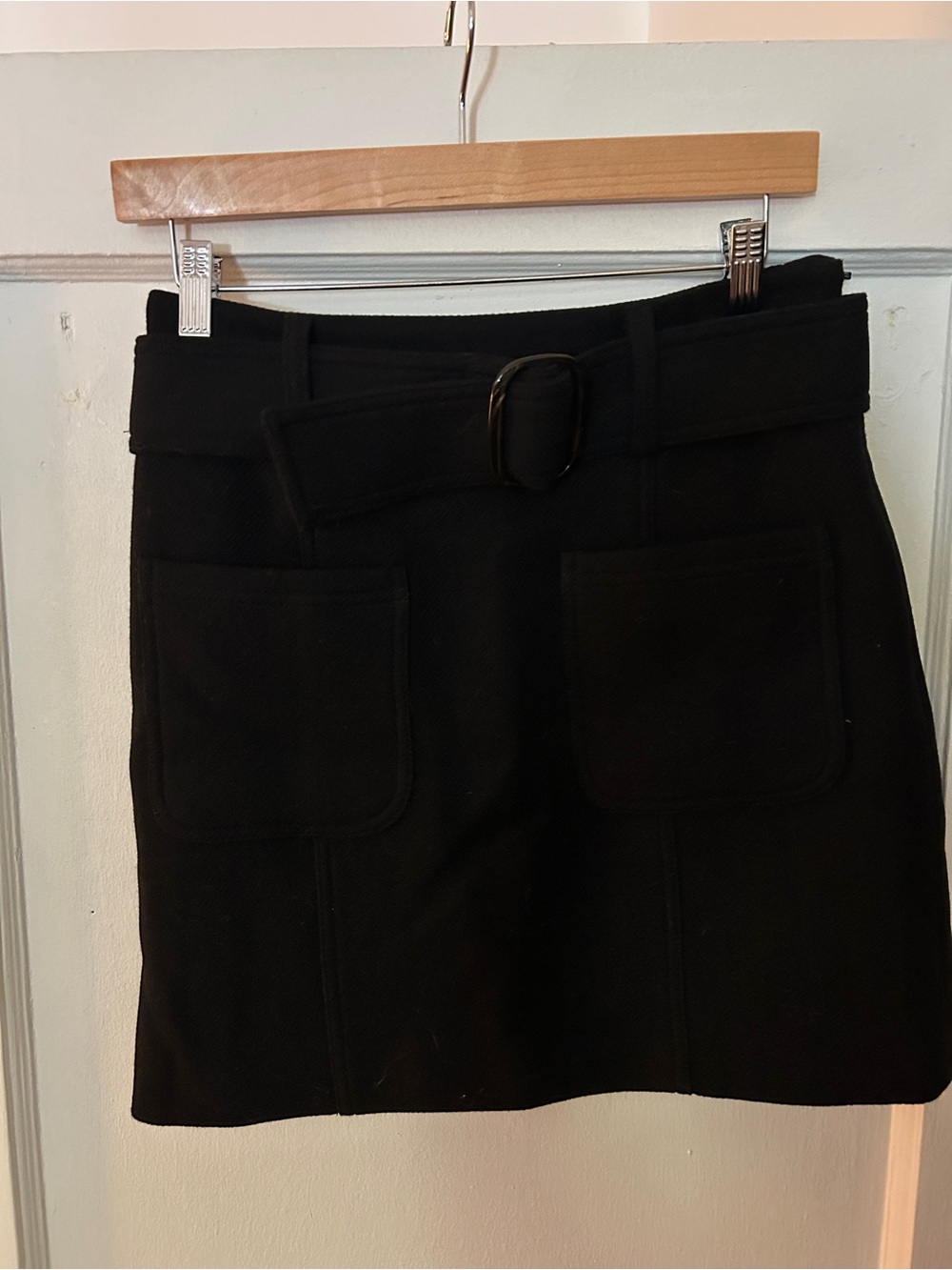 Sesame Wool Black Belted Mini Skirt with Patch Pockets; size 36